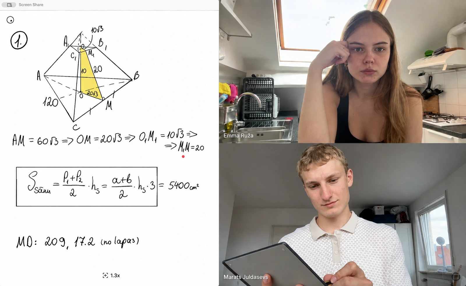 Google Meet nodarbība — ekrānā risināts ģeometrijas uzdevums